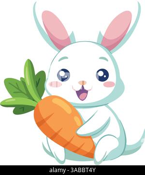 Lapin de dessin animé mignon tenant une carotte isolée sur fond blanc. Illustration de Vecteur