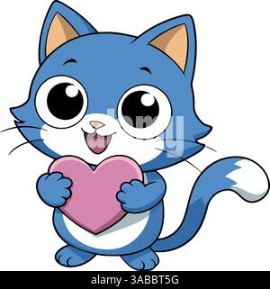 Chat bleu de dessin animé mignon tenant un coeur rose isolé sur fond blanc. Illustration de Vecteur