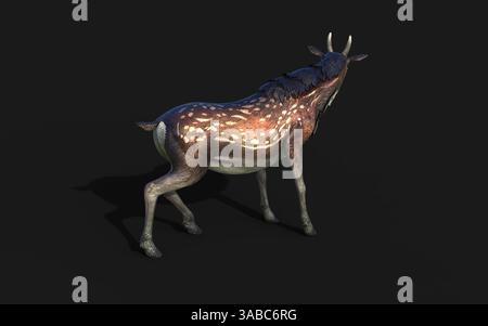 Un majestueux cerf géant saute gracieusement, ses bois dorés brillent sur le fond sombre. Banque D'Images