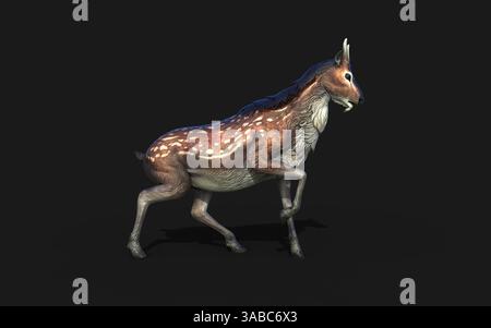 Un majestueux cerf géant saute gracieusement, ses bois dorés brillent sur le fond sombre. Banque D'Images