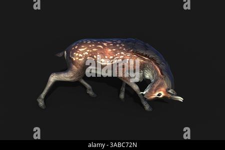 Un majestueux cerf géant saute gracieusement, ses bois dorés brillent sur le fond sombre. Banque D'Images