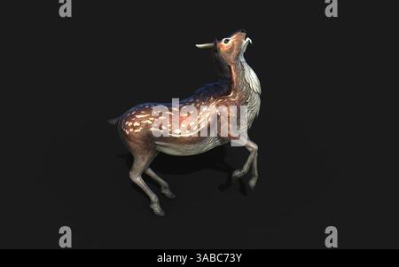 Un majestueux cerf géant saute gracieusement, ses bois dorés brillent sur le fond sombre. Banque D'Images