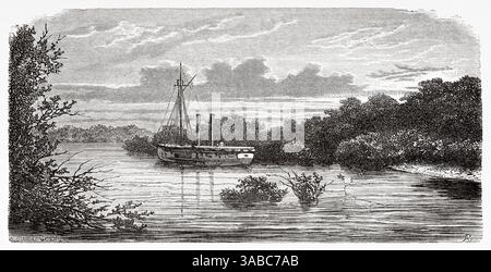 La Couleuvrine. Torpilleur français de classe bombe des années 1880 Sénégal, Afrique. Dessin d'Alexandre de Bar (1821-1908) croisière sur les côtes africaines en 1868 par le vice-amiral Alphonse Fleuriot de Langle (1809 - 1881) le Tour du monde 1872 Banque D'Images