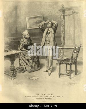 Jeune homme bouleversé tenant sa tête dans ses mains, femme triste regardant, Romance, Français, France, vieille illustration vintage, années 1890 XIXe siècle. Scène de un Vaincu par Jean de la Brete Banque D'Images