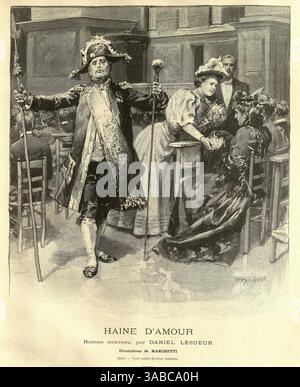 Personnes à l'église, homme en uniforme officiel, scène tirée du roman haine D'amour de Daniel Lesueur, français, années 1890, illustration vintage XIXe siècle Banque D'Images