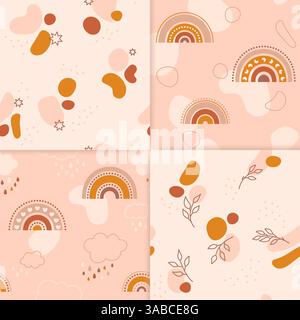 Un ensemble de quatre jolis motifs sans couture. Les images répétées contiennent des taches colorées, des arcs-en-ciel, des brindilles, des nuages mignons avec des gouttes de pluie colorées. Aussi des étoiles, des points et des lignes de différentes formes. Illustration de Vecteur