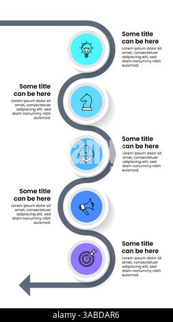 Modèle infographique avec icônes et 5 options ou étapes. Ligne verticale. Peut être utilisé pour la mise en page de flux de travail, diagramme, bannière, webdesign. Illustration vectorielle Illustration de Vecteur