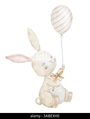 Illustration aquarelle d'un lapin tenant un ballon et une boîte cadeau emballée. Lapin dessiné à la main pour les invitations de douche de bébé ou les cartes de voeux d'anniversaire enfantin. Dessin de lièvre mignon pour affiche de pépinière. Banque D'Images