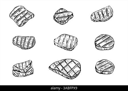 Illustration vectorielle monochrome de steaks de viande grillée peinte par des encres noires. Porc, bifteck de bœuf, côtes levées et croquis de poulet pour les menus barbecue, Steak House Illustration de Vecteur