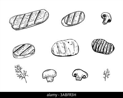 Illustration isolée de vecteur de jeu de légumes grillés dessinée à la main peinte par des encres noires. Tranches de courgettes, champignons, pommes de terre, brins de persil et aneth Illustration de Vecteur