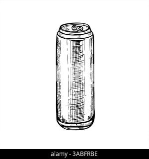 Illustration minimaliste à l'encre noire de la boisson en métal vectoriel. pour les conceptions d'emballage de bière, de soda ou de boisson énergisante. Dessin de gravure D'une canette de boisson en aluminium Illustration de Vecteur