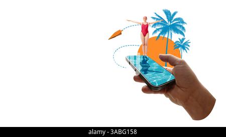 Plongeur en maillot de bain rouge debout sur la piscine téléphonique avec avion en papier et soleil orange derrière les palmiers. Collage d'art contemporain. Banque D'Images