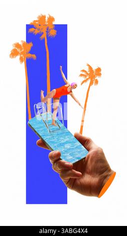 Jeune femme en équilibre sur l'échelle de la piscine au-dessus de l'écran du téléphone avec des paumes oranges audacieuses et un ciel bleu profond. Collage d'art contemporain. Banque D'Images