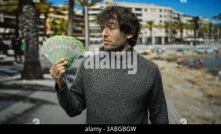 Homme hispanique tenant des roubles russes sur la plage de bord de mer, présentant la finance avec des billets de banque à l'extérieur dans un contexte tropical. Banque D'Images