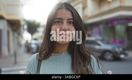Femme debout avec confiance dans la rue urbaine avec de longs cheveux bruns et une expression sereine, capturant l'essence de la vie urbaine et l'élégance jeune o Banque D'Images