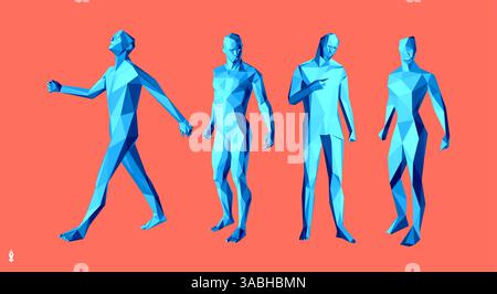 Modèle 3D d'un corps humain qui avance. Figure polygonale basse d'un homme. Modèles de personnes polygonales dans différentes poses. Vecteur pour brochure, flyer, Illustration de Vecteur