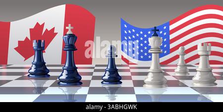 Pièces d'échecs concept de guerre commerciale Canada États-Unis drapeaux représentés sur échiquier avec des pièces bleues et blanches symbolisant le conflit stratégique international Illustration de Vecteur