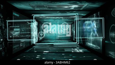 Image de la rotation des brins d'adn et du traitement des données médicales sur écrans Banque D'Images