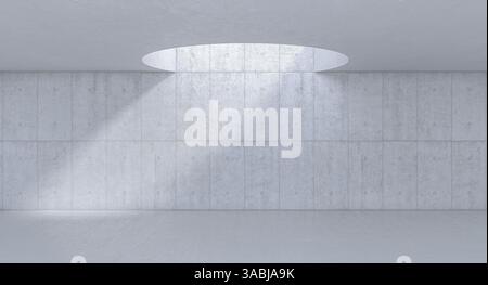 Salle en béton vide avec puits de lumière circulaire illuminant le mur 3D. Banque D'Images