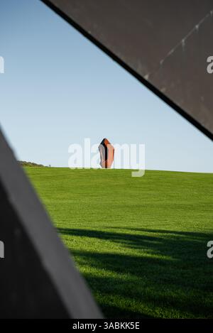 Objet rouillé en haut de la colline. Forme géométrique orange rouillée abstraite sur une pelouse imitant le cœur ou l'oreille humaine, ciel bleu en arrière-plan. Banque D'Images
