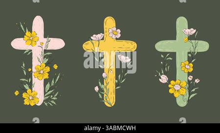 Ensemble de croquis de Pâques Collection rustique Jesus Crosses religion vecteur floral catholique Vintage Pastel Blooming Flowers Illustration de Vecteur