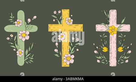 Ensemble de croquis de Pâques Collection rustique Jesus Crosses religion vecteur floral catholique Vintage Pastel Blooming Flowers Illustration de Vecteur