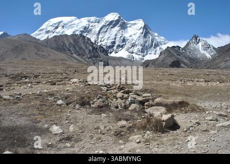 Sommet enneigé dans l'Himalaya du Sikkim, en Inde, avec un paysage accidenté de haute altitude sous un ciel bleu clair, mettant en valeur une nature sauvage immaculée Banque D'Images