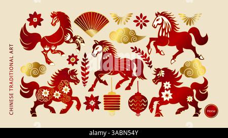 Élégant ensemble de cheval chinois nouvel an lunaire 2026 illustration vectorielle Collection traditionnelle cheval Zodiaque Silhouette dans Un style festif Illustration de Vecteur