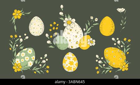 Collection de chasse aux œufs de Pâques esquisse pastel isolée oeufs floraux fleurs de printemps Fleur vacances rustique ensemble vectoriel d'art folklorique Illustration de Vecteur