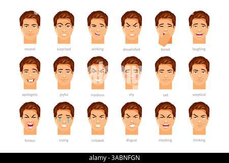 Ensemble de caractère masculin avec différentes émotions et sentiments. Illustration vectorielle Illustration de Vecteur