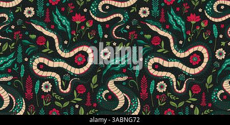 Seamless Vintage Pattern Forest Folk Art Snake Ethnic Floral motif rétro Woodland texture fond Illustration de Vecteur
