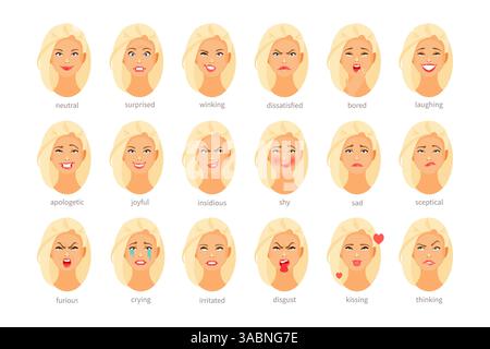 Ensemble de caractère féminin avec différentes émotions et sentiments. Illustration vectorielle Illustration de Vecteur