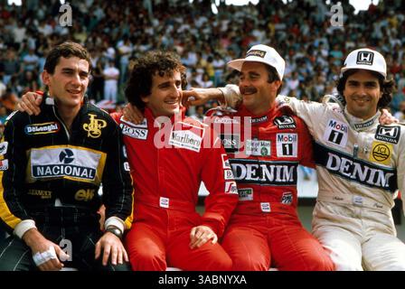 Seul Bernie Ecclestone a pu organiser cette occasion photo unique : les quatre pilotes dominants de F1 dans laÃs 1980, tous en lice pour le Championnat du monde Crown (G à d) 1986 : Ayrton Senna (BRA) Lotus, Alain Prost (FRA) McLaren et ses coéquipiers Nigel Mansell (GBR) et Nelson Piquet (BRA). ..Grand Prix du Portugal, Estoril, 21 septembre 1986. (Crédit image : ©Sutton Motorsports/ZUMA Press) Banque D'Images