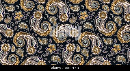 Motif cachemire sans couture Batik complexe avec des éléments floraux tourbillons et des détails ornementaux dans Un style Art Nouveau indien Boho ethnique décoratif Illustration de Vecteur