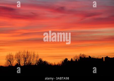Le magnifique coucher de soleil présente des teintes orange, rose et violet éclatantes. Les arbres et les bâtiments aux silhouettes créent un contraste captivant avec un ciel coloré. Faible Banque D'Images