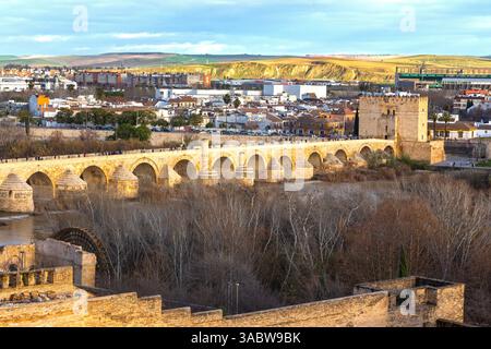 Puente Romano Vieux Pont romain sur la rivière Guadalqivir vue aérienne du paysage d'en haut, Cordoue Espagne Centre historique Panorama Banque D'Images