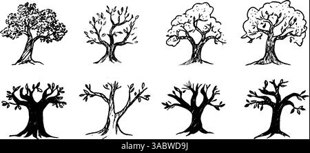 Collection d'arbres dessinés à la main dans divers styles Illustration de Vecteur
