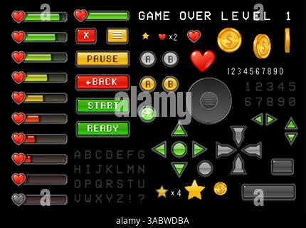 boutons d'interface de jeu 8bit pixel art, barre de chargement, note et icônes de santé atout. Vector ui ensemble de contrôles directionnels, pièces, coeurs, étoiles, indicateurs. Interface de jeu vidéo rétro classique pixelisée Illustration de Vecteur