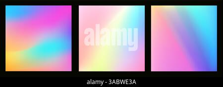 Fond ombré avec des couleurs arc-en-ciel dégradées dans des tons pastel doux, avec une texture holographique et un effet flou. Des motifs abstraits au néon créent Illustration de Vecteur