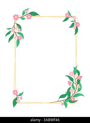 Cadre floral rectangulaire vertical avec d'élégantes lignes géométriques dorées et des fleurs roses isolées sur fond blanc. Elément décoratif de motif fleuri Illustration de Vecteur