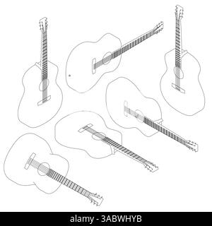 Une série de guitares sont montrées dans différentes positions, avec le haut des guitares montrant le cou et le bas montrant le corps. Les guitares sont al Illustration de Vecteur