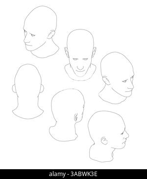 Une série de dessins de la tête d'un homme avec la tête étant dessinée dans différentes positions. Les dessins sont tous en noir et blanc. Vue isométrique Illustration de Vecteur