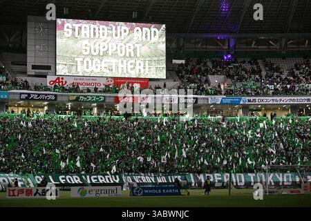 Stade Ajinomoto, Tokyo, Japon. 2 avril 2025. Fans de Tokyo Verdy, 2 AVRIL 2025 - Football/Football : match de Ligue J1 2025 entre Tokyo Verdy 2-2 FC Tokyo au stade Ajinomoto, Tokyo, Japon. Crédit : MATSUO. K/AFLO SPORT/Alamy Live News Banque D'Images