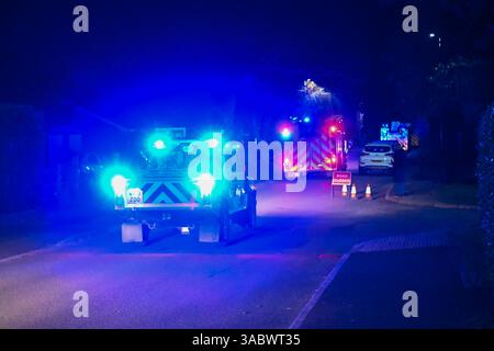 Poole, Dorset, Royaume-Uni. 3 avril 2025. Météo britannique. Les pompiers de Beacon Road se précipitent sur un énorme feu de forêt à Upton Heath à Poole dans le Dorset. Plusieurs services d'urgence sont présents, les voies étant fermées sur la voie de contournement A35 Upton en raison de la proximité de l'incendie. Ce dernier incendie dans la région de Bournemouth et Poole vient après une période de sécheresse prolongée avec des températures supérieures à la moyenne pour la période de l'année. Crédit photo : Graham Hunt/Alamy Live News Banque D'Images
