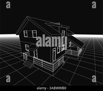 Une maison est représentée sur une photo en noir et blanc. La maison est une maison de deux étages avec un porche et une cheminée. La photo est en noir et blanc, ce qui lui donne un cl Illustration de Vecteur