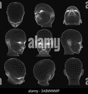 Une série d'images en noir et blanc de visages avec beaucoup de détails. Les visages sont tous de tailles et angles différents, mais ils ont tous un aspect similaire. Le Illustration de Vecteur