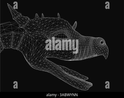 Une tête de dragon est représentée en noir et blanc. L'image est un rendu généré par ordinateur du visage d'un dragon. La tête du dragon est représentée dans un stylisé, Illustration de Vecteur