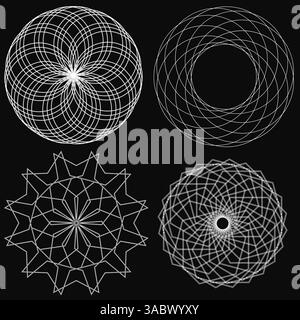 Quatre types différents de cercles abstraits sont représentés en noir et blanc. Les cercles varient en taille et en forme, mais tous ont un design similaire Illustration de Vecteur