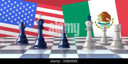 Les pièces d'échecs symbolisent le concept de guerre commerciale avec les drapeaux des États-Unis et du Mexique en arrière-plan sur un échiquier. Thème du concours stratégique Illustration de Vecteur