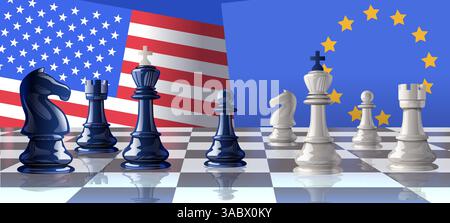 Pièces d'échecs concept de guerre commerciale USA-eu drapeaux échiquier stratégique conflit bleu blanc noir fond Illustration de Vecteur